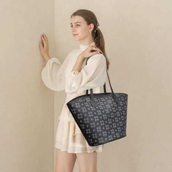 Women's Vegan Leather Tote Shoulder Handbag Set with Wallet for Daily Use - Picture 2 of 8